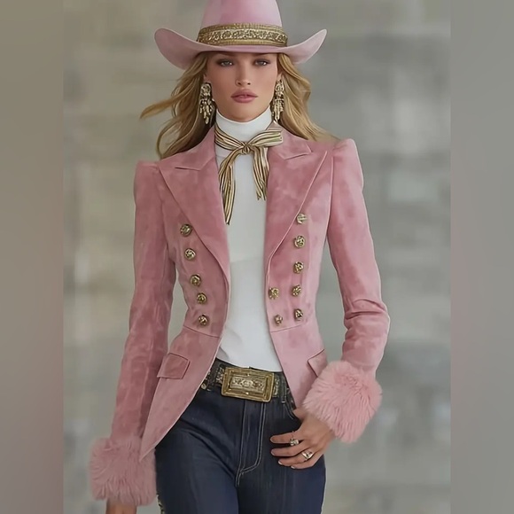 Jackets & Blazers - Pink Double-Breasted Gorgeous Soft Blazer with Fur Detail